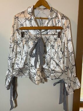 White Pajama Set with Black Bow Print and Gingham Ties